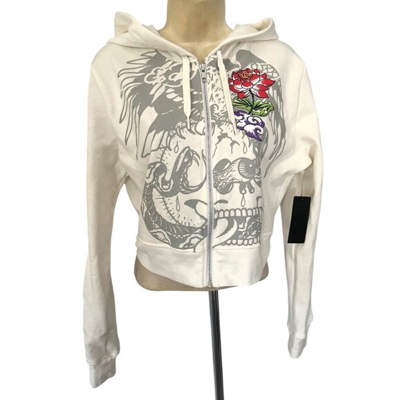 Ed Hardy White Tiger Rose 100%Cotton Drawstring Zip Crop Hoodie Jacket Sz L - Picture 4 of 11